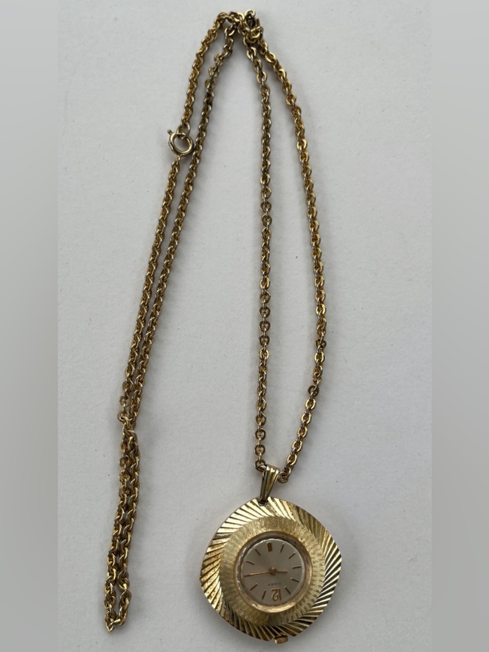 Vintage Signed Timex Gold Tone Aluminum Hand-Wind Necklace Pendant